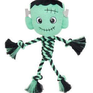 Make Halloween extra fun for your dog this year and beyond with this Thrills & Chills Rope Frankenstein Dog Toy. This fun toy comes in the form of Frankenstein with a knotted rope body, and is a great toy for tugging and fun interactive play with your dog. It also keeps dogs entertained and engaged with the playful squeaking sounds it makes when played with. Only at PetSmart.   Features:  Dog toy Frankenstein head with internal squeaker to promote play Knotted rope body  Includes: 1 Toy  Intended For: Dogs  Activity: Play, Tug, Fetch, Noisemaking  Color: Green, Black  Dimensions: 14.5 in